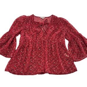 Lucky Brand Shirt Womens Small Red Floral Boho Bell Sleeve Sheer Peasant Top